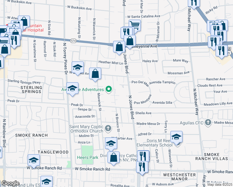 map of restaurants, bars, coffee shops, grocery stores, and more near 2890 North Bronco Street in Las Vegas