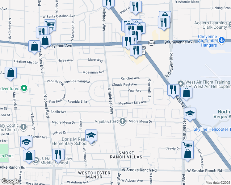 map of restaurants, bars, coffee shops, grocery stores, and more near 2820 Jeffery Pines Street in Las Vegas