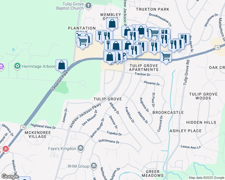 map of restaurants, bars, coffee shops, grocery stores, and more near 4540 Andrew Jackson Parkway in Nashville