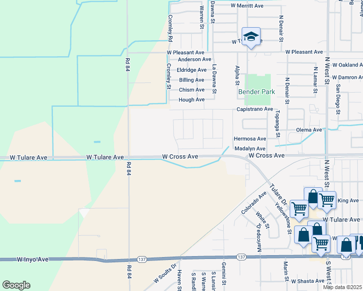 map of restaurants, bars, coffee shops, grocery stores, and more near 2300 West Tulare Avenue in Tulare