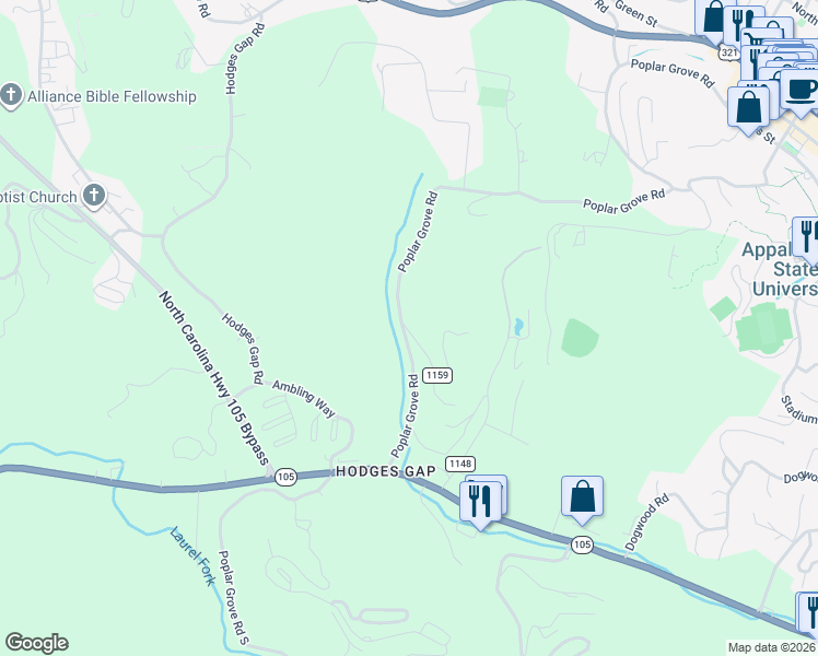 map of restaurants, bars, coffee shops, grocery stores, and more near 1595 Poplar Grove Road in Boone