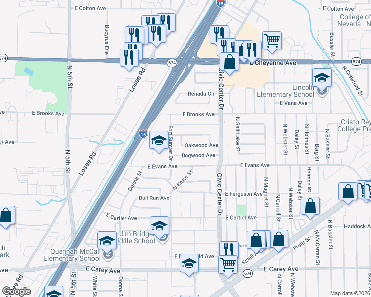 map of restaurants, bars, coffee shops, grocery stores, and more near 1405 Oakwood Avenue in North Las Vegas