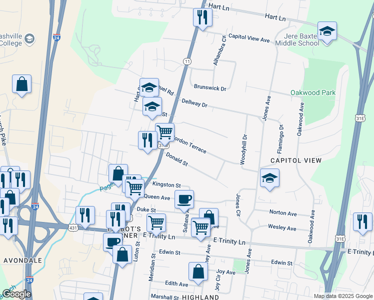 map of restaurants, bars, coffee shops, grocery stores, and more near 112 Gordon Terrace in Nashville