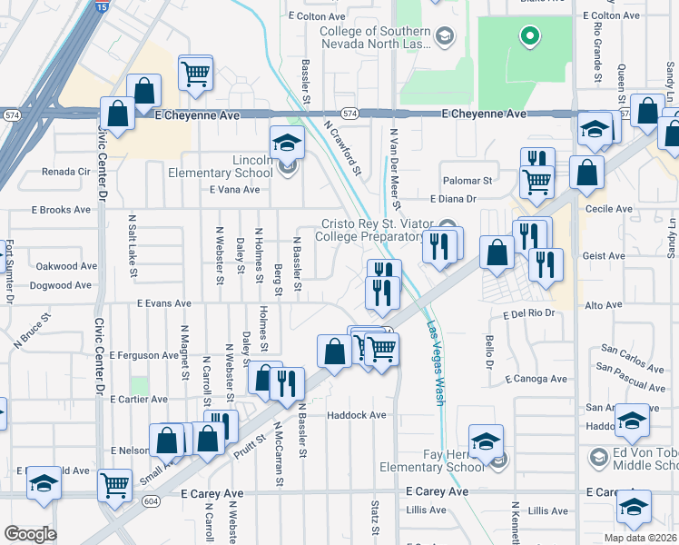 map of restaurants, bars, coffee shops, grocery stores, and more near 2821 North Dogwood Avenue in North Las Vegas
