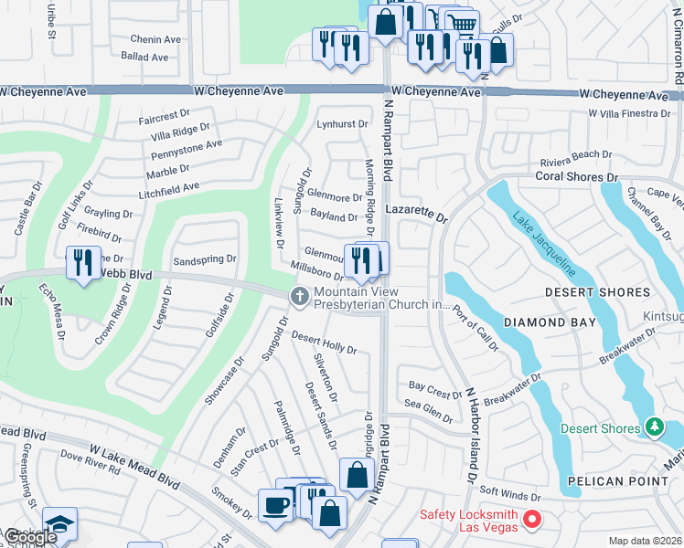map of restaurants, bars, coffee shops, grocery stores, and more near 8528 Millsboro Drive in Las Vegas