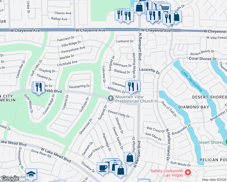 map of restaurants, bars, coffee shops, grocery stores, and more near 8613 Millsboro Drive in Las Vegas