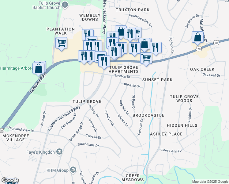map of restaurants, bars, coffee shops, grocery stores, and more near 528 Frankfort Drive in Nashville