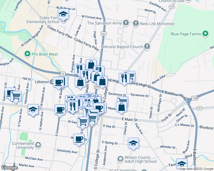 map of restaurants, bars, coffee shops, grocery stores, and more near 319 North College Street in Lebanon