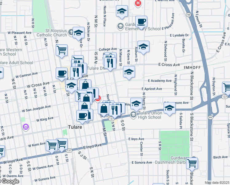 map of restaurants, bars, coffee shops, grocery stores, and more near 305 North O Street in Tulare