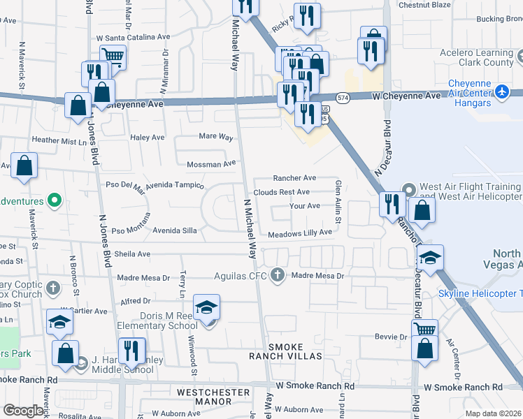 map of restaurants, bars, coffee shops, grocery stores, and more near 2820 Jeffery Pines Street in Las Vegas