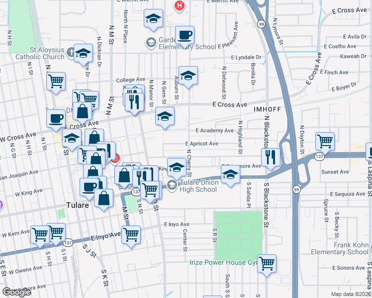 map of restaurants, bars, coffee shops, grocery stores, and more near 748 East San Joaquin Avenue in Tulare