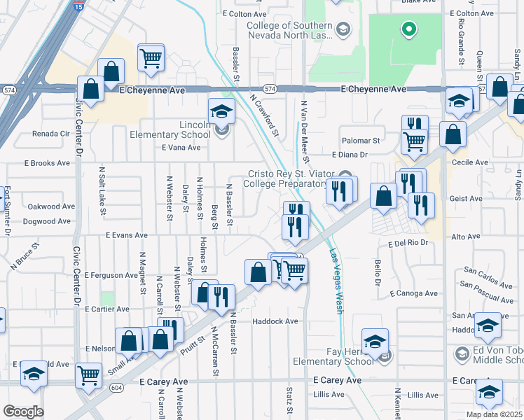 map of restaurants, bars, coffee shops, grocery stores, and more near 2821 North Dogwood Avenue in North Las Vegas
