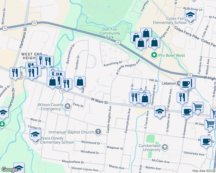 map of restaurants, bars, coffee shops, grocery stores, and more near 731 Castle Heights Court in Lebanon