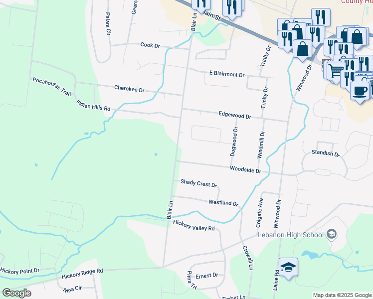 map of restaurants, bars, coffee shops, grocery stores, and more near 213 Blair Lane in Lebanon