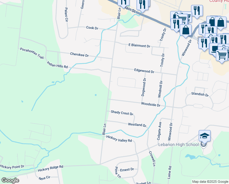 map of restaurants, bars, coffee shops, grocery stores, and more near 213 Blair Lane in Lebanon