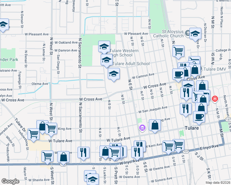 map of restaurants, bars, coffee shops, grocery stores, and more near 640 West Cross Avenue in Tulare