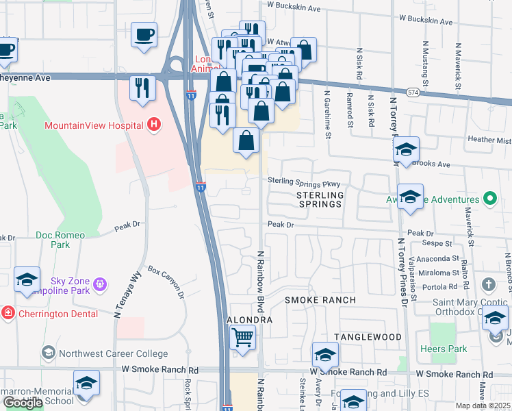map of restaurants, bars, coffee shops, grocery stores, and more near 2801 North Rainbow Boulevard in Las Vegas