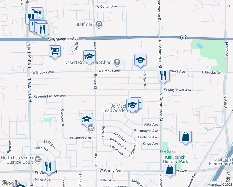 map of restaurants, bars, coffee shops, grocery stores, and more near 610 Reverend Wilson Avenue in North Las Vegas