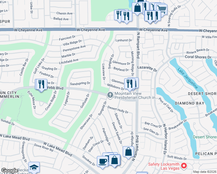 map of restaurants, bars, coffee shops, grocery stores, and more near 8613 Millsboro Drive in Las Vegas