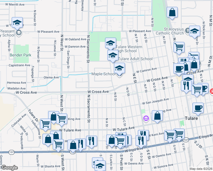 map of restaurants, bars, coffee shops, grocery stores, and more near 822-844 West Madalyn Avenue in Tulare