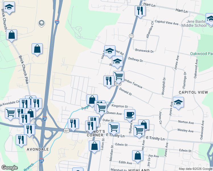 map of restaurants, bars, coffee shops, grocery stores, and more near 2510 Dickerson Pike in Nashville