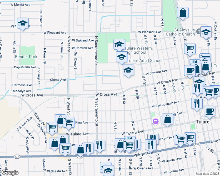 map of restaurants, bars, coffee shops, grocery stores, and more near 942 West Madalyn Avenue in Tulare