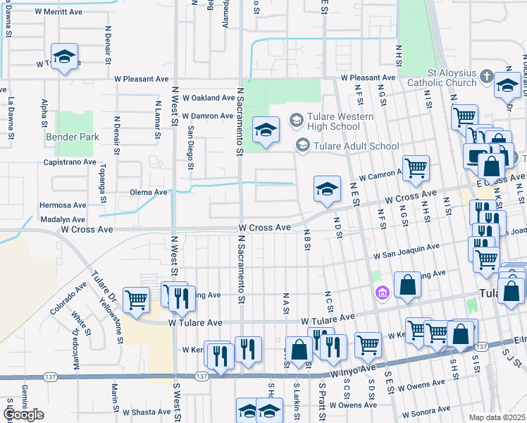 map of restaurants, bars, coffee shops, grocery stores, and more near 942 West Madalyn Avenue in Tulare