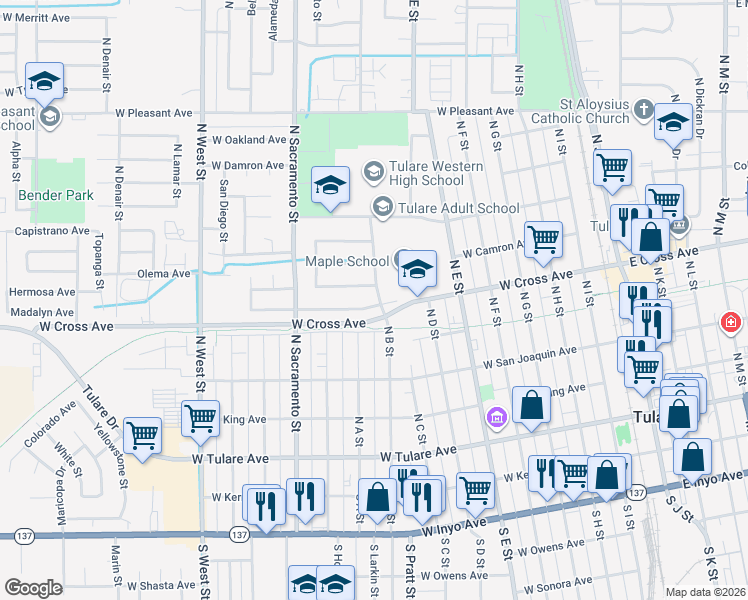 map of restaurants, bars, coffee shops, grocery stores, and more near 822 West Madalyn Avenue in Tulare