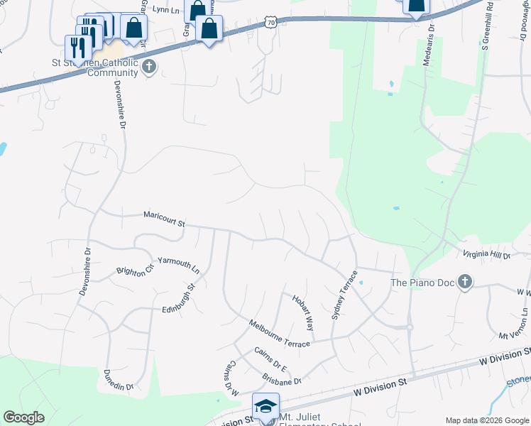 map of restaurants, bars, coffee shops, grocery stores, and more near 4010 Lenox Court in Mount Juliet