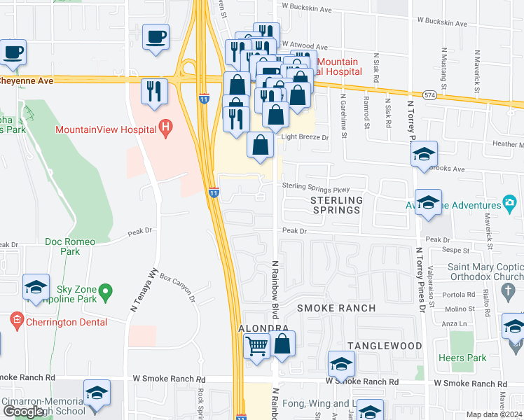 map of restaurants, bars, coffee shops, grocery stores, and more near 2801 North Rainbow Boulevard in Las Vegas