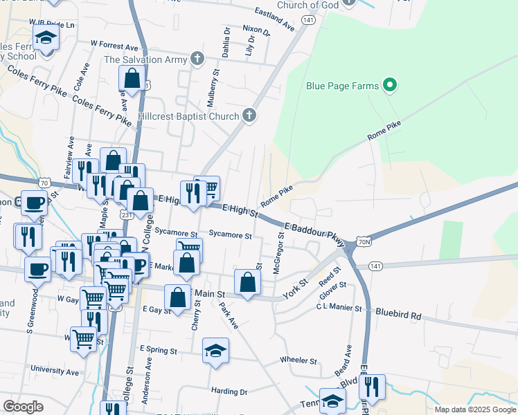 map of restaurants, bars, coffee shops, grocery stores, and more near 415 Rome Pike in Lebanon