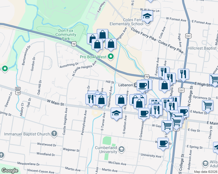 map of restaurants, bars, coffee shops, grocery stores, and more near 120 Hammond Avenue in Lebanon