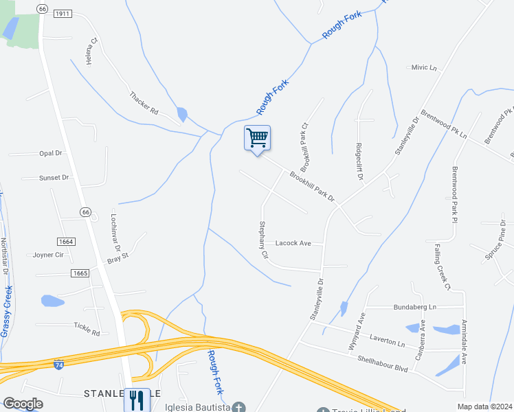 map of restaurants, bars, coffee shops, grocery stores, and more near 610 Stephany Cir in Rural Hall