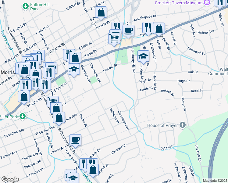 map of restaurants, bars, coffee shops, grocery stores, and more near 511 East Louise Avenue in Morristown