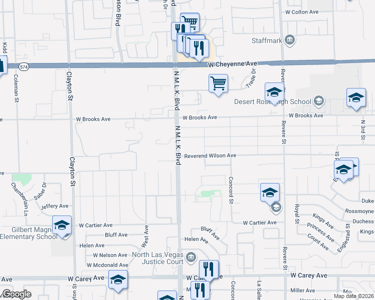 map of restaurants, bars, coffee shops, grocery stores, and more near 1324 Reverend Wilson Avenue in North Las Vegas