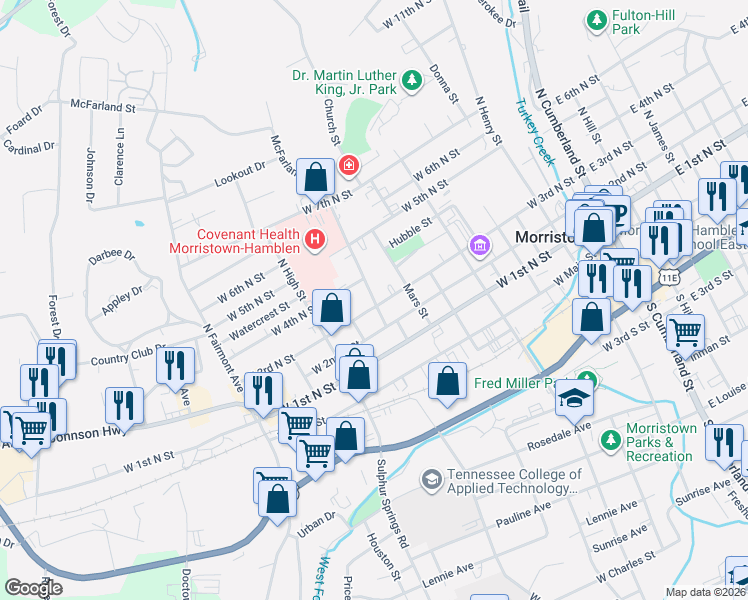 map of restaurants, bars, coffee shops, grocery stores, and more near 739 West 3rd North Street in Morristown
