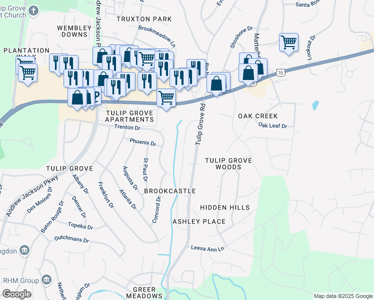 map of restaurants, bars, coffee shops, grocery stores, and more near 201 Brooke Castle Drive in Nashville