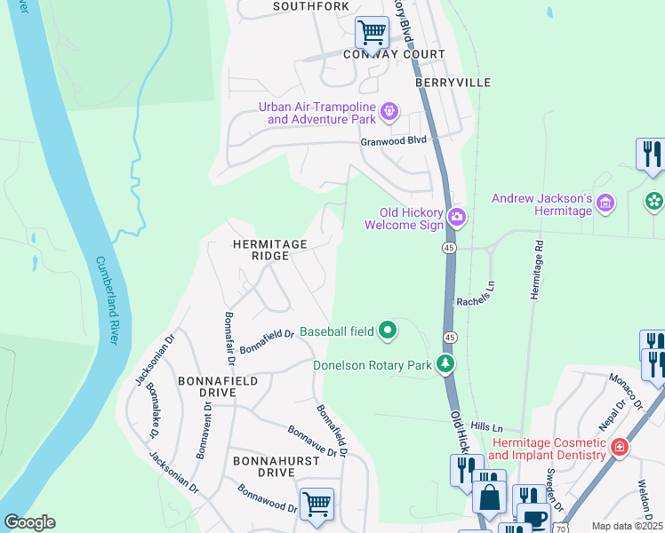 map of restaurants, bars, coffee shops, grocery stores, and more near 917 Oak Vale Drive in Nashville