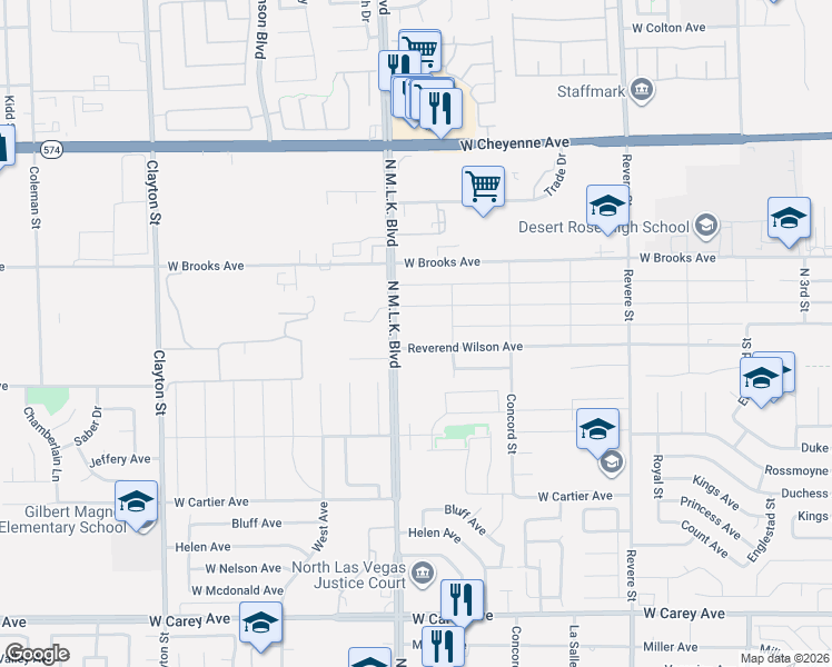 map of restaurants, bars, coffee shops, grocery stores, and more near 1324 Reverend Wilson Avenue in North Las Vegas