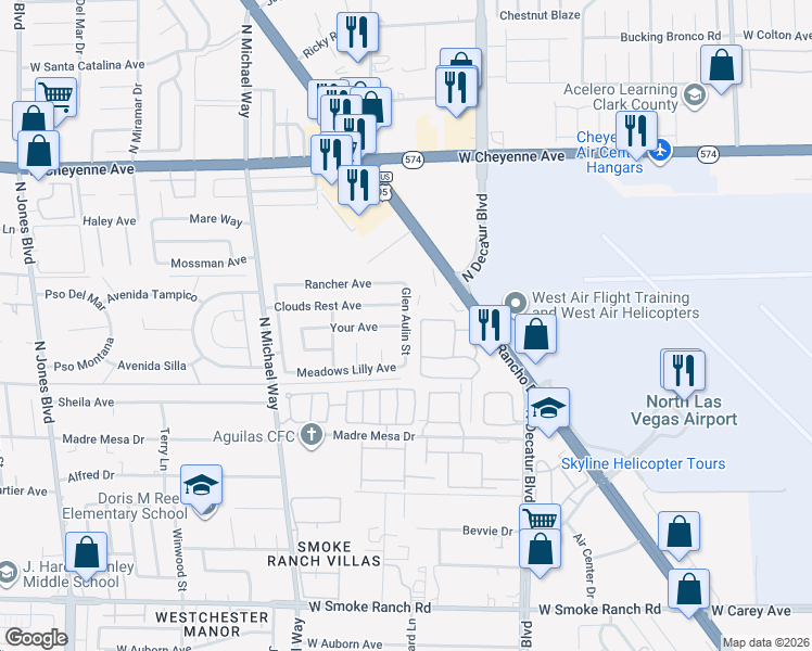 map of restaurants, bars, coffee shops, grocery stores, and more near Glen Aulin Street in Las Vegas