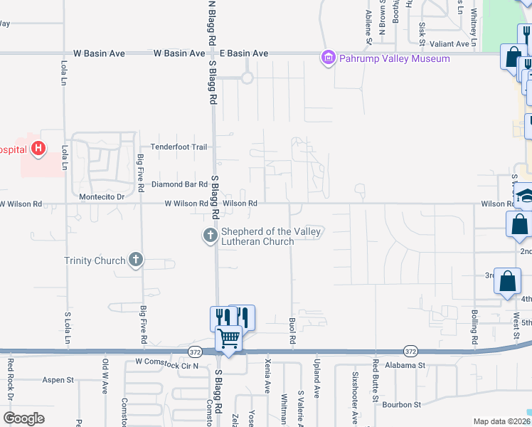 map of restaurants, bars, coffee shops, grocery stores, and more near 161 East Wilson Road in Pahrump