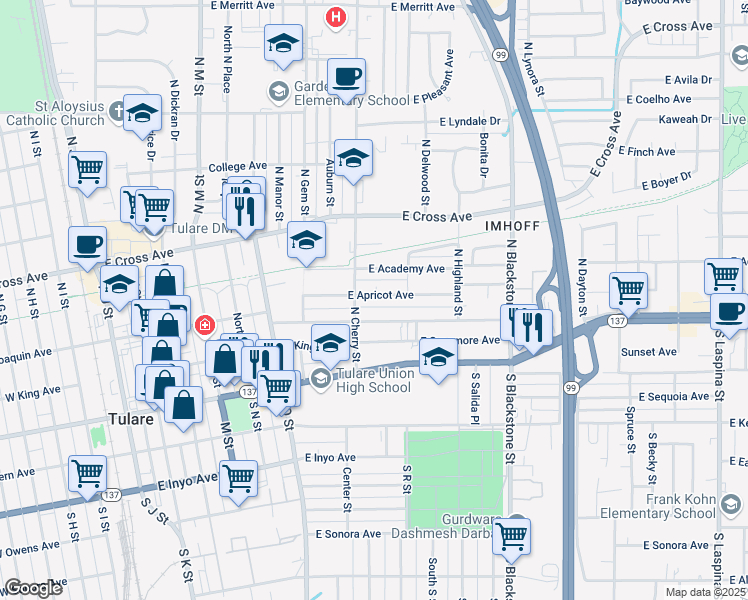 map of restaurants, bars, coffee shops, grocery stores, and more near 837 East Apricot Avenue in Tulare