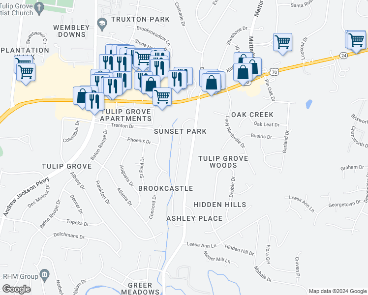 map of restaurants, bars, coffee shops, grocery stores, and more near 211 Brooke Castle Drive in Nashville