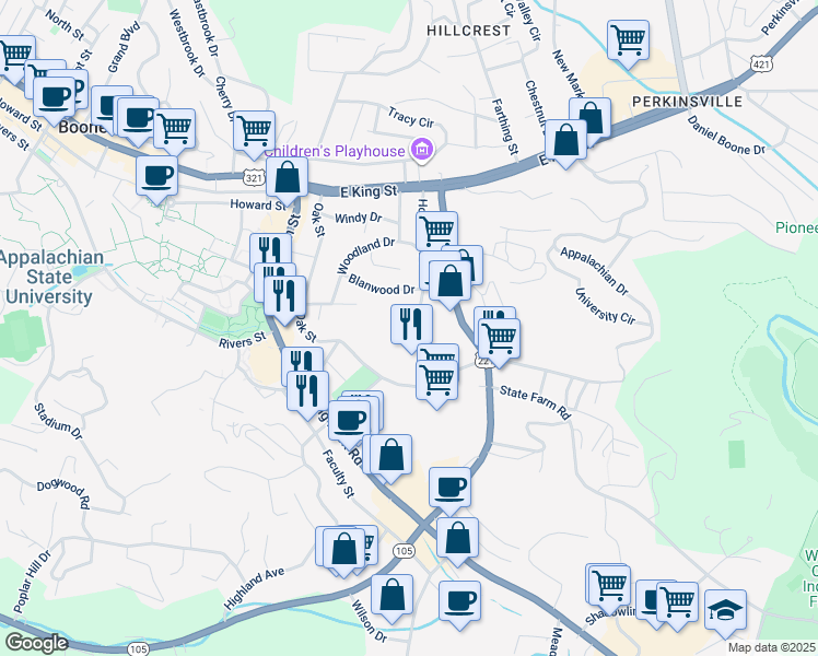 map of restaurants, bars, coffee shops, grocery stores, and more near 418 Horn in the West Drive in Boone
