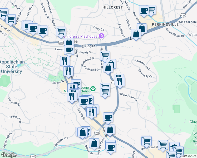 map of restaurants, bars, coffee shops, grocery stores, and more near 418 Horn in the West Drive in Boone