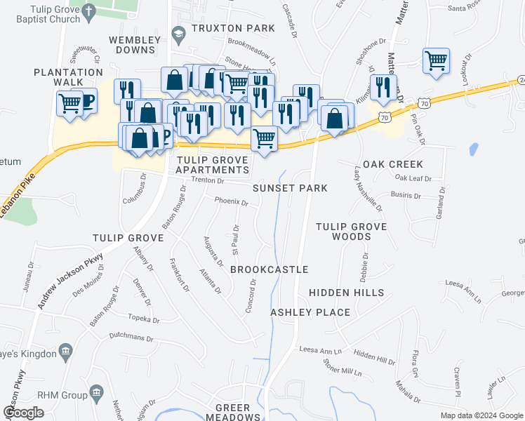 map of restaurants, bars, coffee shops, grocery stores, and more near 4762 Trenton Drive in Nashville