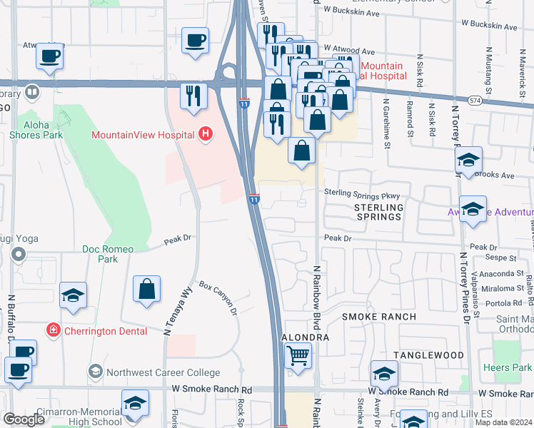 map of restaurants, bars, coffee shops, grocery stores, and more near 2801 North Rainbow Boulevard in Las Vegas
