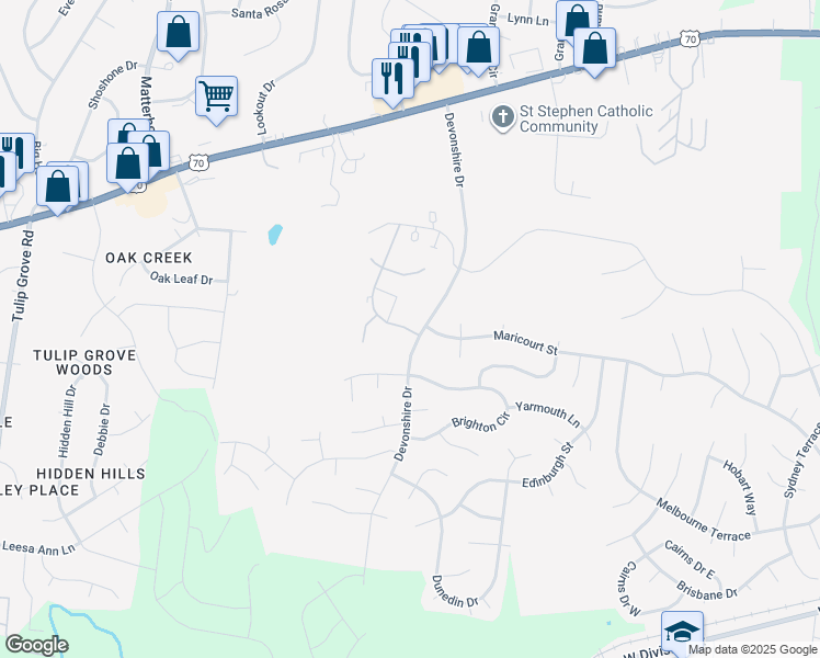 map of restaurants, bars, coffee shops, grocery stores, and more near 2300C Devonshire Drive in Mt. Juliet