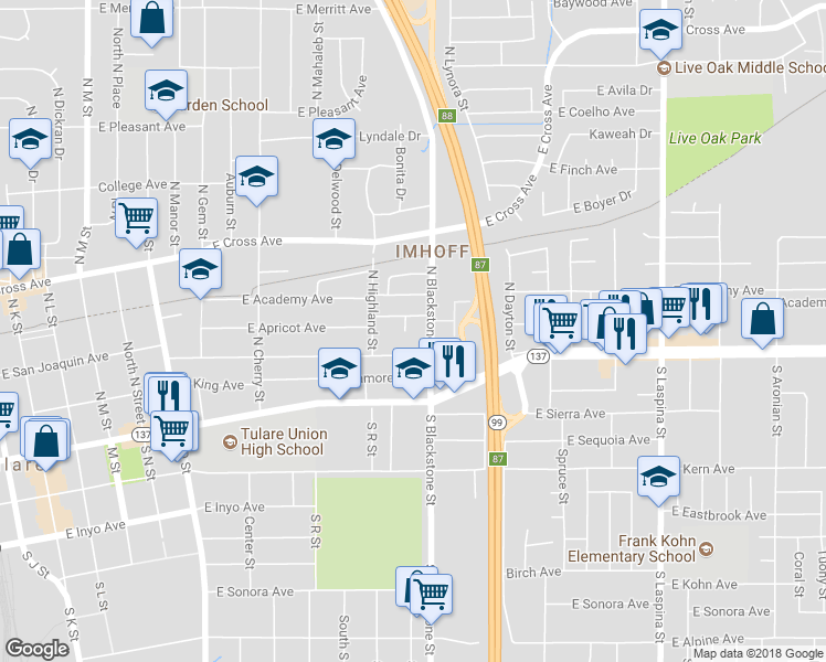 map of restaurants, bars, coffee shops, grocery stores, and more near 20 Olympic Court in Tulare