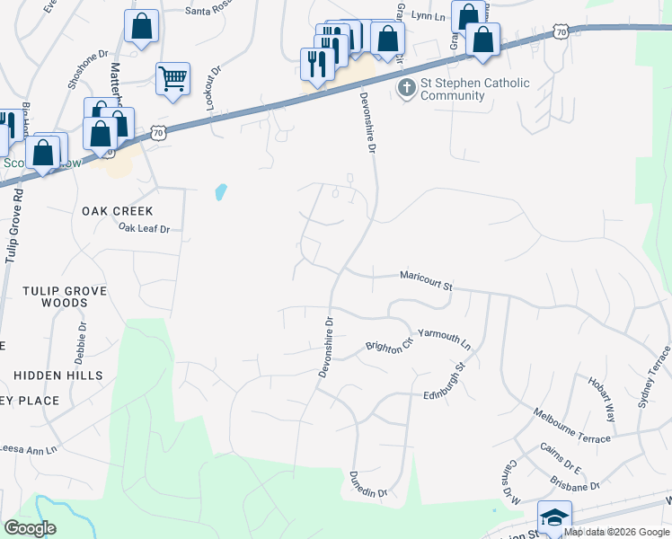 map of restaurants, bars, coffee shops, grocery stores, and more near 2300C Devonshire Drive in Mt. Juliet